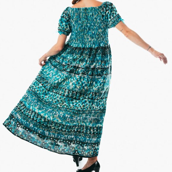 Turqoise peasant maxi dress short sleeve off shoulder boho summer floral tie dye - Picture 5 of 5